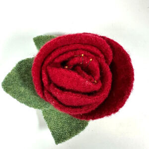 Felted Red Rose Brooch Pin Hat Trim Adornment, Green Knit Leaves